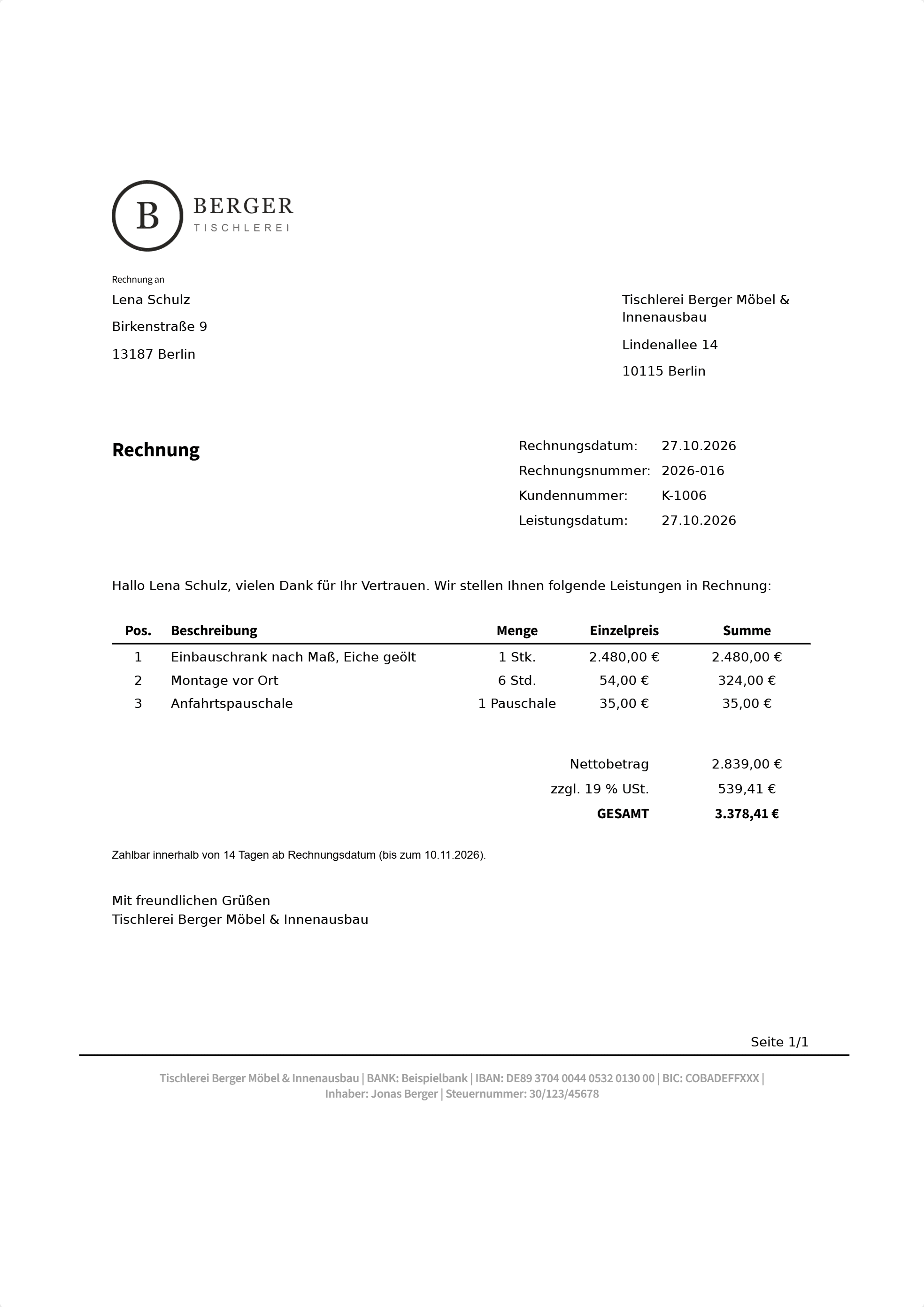 Beispielrechnung von Invovo: Logo, Empfänger, Rechnungsnummer, Positionen mit Menge und Einzelpreis, Nettobetrag, 19 % Umsatzsteuer, Gesamtbetrag und Unternehmensdaten im Fuß